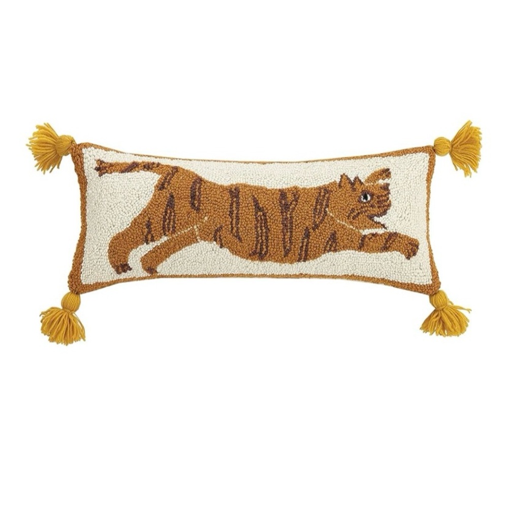 Tiger Embroidered Lumbar Pillow with Tassels